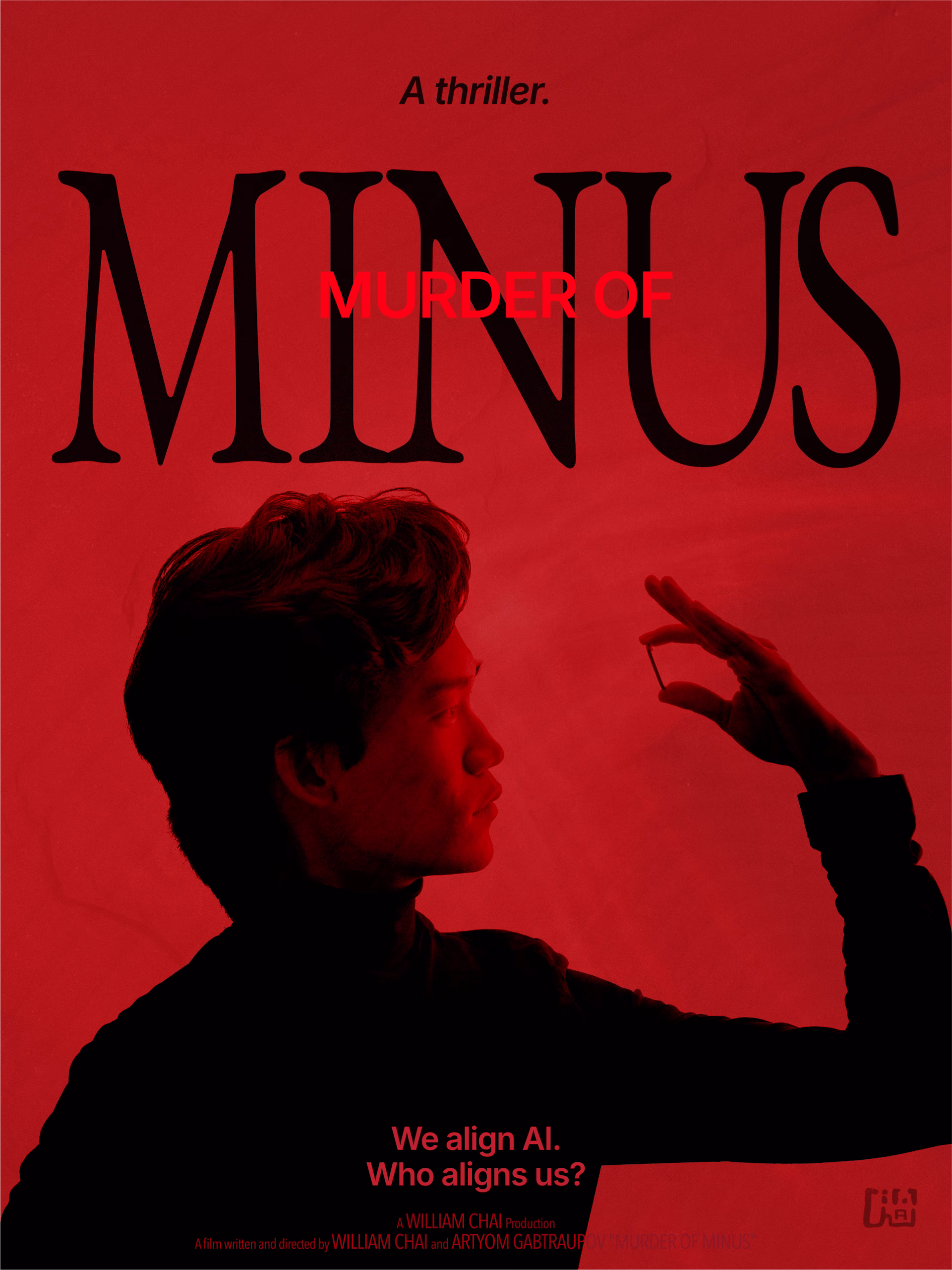 Murder of Minus poster portrait. Quinten holds a small component in his raised hand.
